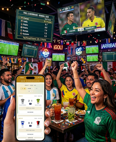 Un celular mostrando la quiniela junto a una TV mostrando la tabla en vivo en un bar.